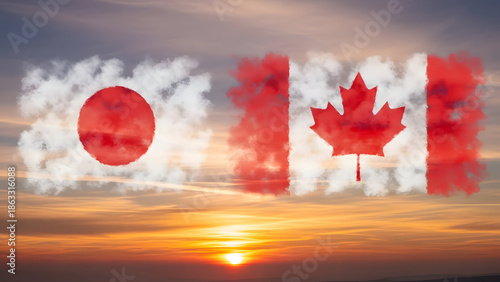 Japan and canada flags at sunset