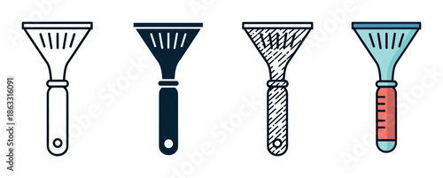 Four ice scraper tool icons in different graphic styles including line art, silhouette, sketch, and color for winter vehicle maintenance concepts