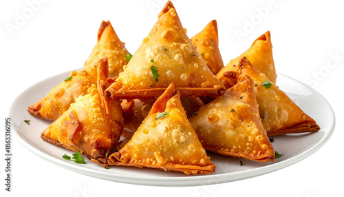 Indian samosa plate isolated on transparent background, high-quality PNG showing crispy golden samosas served on a plate, perfect for food menus, ads, and cuisine designs.