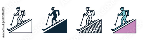 Set of four ski touring icons showing a person climbing uphill on skis, presented in various graphic styles including line art, solid silhouette, and color versions