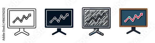 Set of four business presentation icons showing an upward trending line graph in various styles including line art, solid, hand-drawn sketch, and flat color design for data analysis