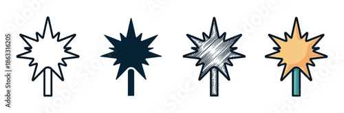 Set of four Christmas nativity star icons in different graphic styles including outline, silhouette, hand-drawn sketch, and full color for religious holiday design
