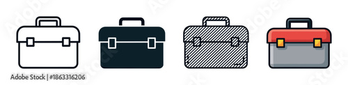 Toolbox icon set in four different styles including simple line art, solid glyph, patterned design, and a colorful flat cartoon illustration for user interface elements