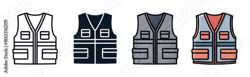 Set of four safety vest icons for construction workers or engineers, shown in various styles like line art, solid glyph, textured hatching, and a detailed color version
