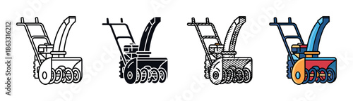 Four snow blower machine vector illustrations in a set showing different graphic styles including line art, silhouette, sketch, and full color for winter equipment concepts