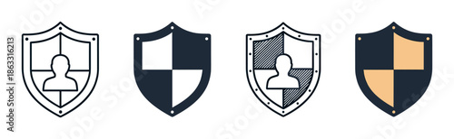 Four security shield icons in a collection of different design styles, including thin line art, solid fill, and two-tone color, symbolizing user privacy and data protection