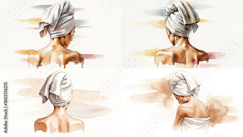 Back of woman with towel turban in artistic watercolor style  