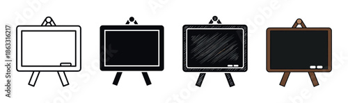 Set of four school blackboard icons in various styles, including line art, silhouette, hand-drawn sketch, and flat color design for educational or presentation concepts