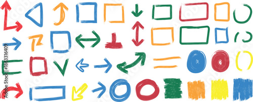 A collection of colorful arrows and shapes on a white background