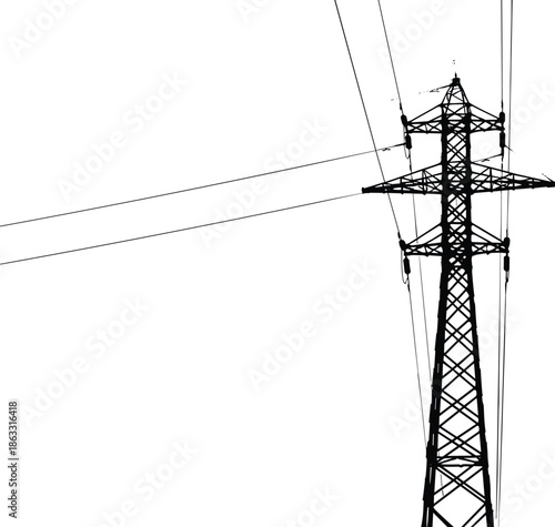 High voltage electricity transmission tower vector illustration with overhead power lines isolated on white background industrial energy infrastructure