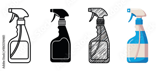 Set of four cleaning spray bottle icons presented in various graphic styles like line art, solid silhouette, hand-drawn sketch, and a colorful flat design illustration