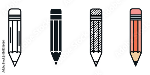 Set of four pencil vector illustrations with different graphic styles including line art, solid glyph, patterned design, and flat color for education or office concepts