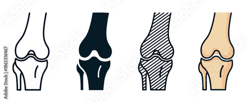 Set of four human knee joint icons in various design styles including outline, solid glyph, hatched, and colored for medical or anatomical illustrations