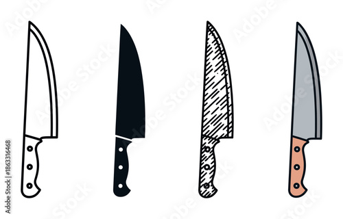 Set of four kitchen knife illustrations showing different artistic styles including outline, silhouette, hatched sketch, and a simple colored cartoon version for various design concepts