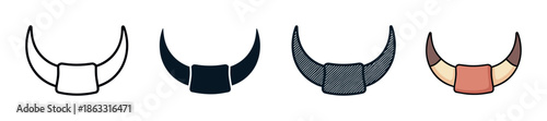 Set of animal horn icons presented in four different graphic styles including simple line art, a solid glyph, a hatched sketch, and a full color cartoon illustration