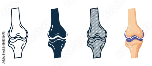Collection of human knee joint illustrations in four different artistic styles: simple line art, solid glyph, hatched sketch, and a detailed color anatomical diagram