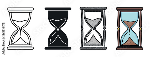Four hourglass sand timer vector icons presented in a collection of various design styles like simple line art, solid glyph, detailed hatching, and a colorful doodle illustration
