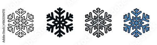 Set of four snowflake icons in different graphic styles including outline, solid silhouette, sketched, and blue color fill for winter holiday and weather themed designs