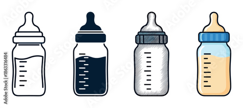 Set of four baby feeding bottles illustrated in various artistic styles including simple line art, solid silhouette, hand-drawn sketch, and a full color cartoon version