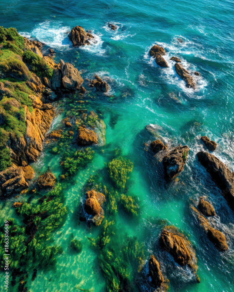 Obraz premium Vertical aerial kelp forest beneath clear turquoise ocean water with sunlit shimmer