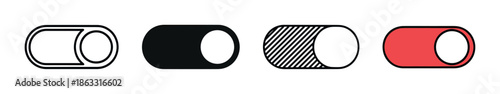 Set of four toggle switch icons in various styles including outline, solid, striped, and red, representing user interface elements for settings and options on a digital screen