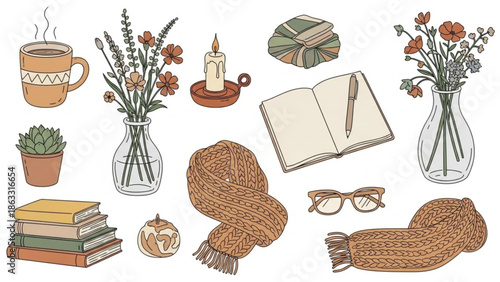 Cozy autumnal still life with books, flowers, and warm accessories