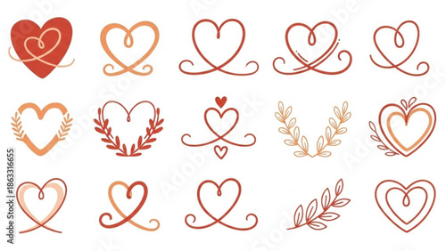 Collection of elegant heart designs and leaf motifs in warm red tones