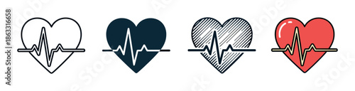 Set of four heart icons with a heartbeat line, presented in various graphic styles including outline, solid fill, hatched, and color for medical and cardiology concepts