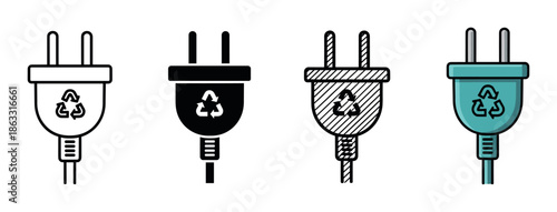 Four electric plug icons with recycling symbols representing green energy and sustainability in various styles including outline, silhouette, hatched, and colored vector illustrations