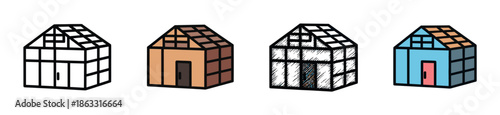 Set of four hand-drawn half-timbered house icons showing different styles including outline, color, and hatched sketch versions for design elements