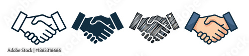 Set of four handshake icons in different styles including line art, silhouette, sketch, and color, symbolizing business partnership, agreement, and successful deal