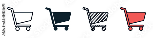 Set of four shopping cart icons in different minimalist styles, including line art, solid silhouette, patterned, and color fill for user interface design elements