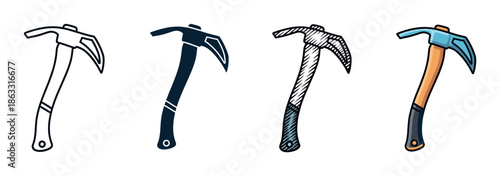 Set of four ice axe illustrations in different artistic styles including line art, silhouette, hand-drawn sketch, and a simple colored cartoon for mountaineering concepts
