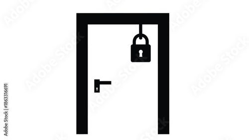 A simple black and white illustration of a doorway with a hanging padlock and key