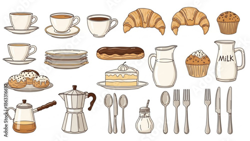 Delicious breakfast items and tableware illustration set