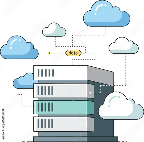 Illustration of cloud computing infrastructure with servers connected to multiple data clouds, representing modern data storage and network solutions.