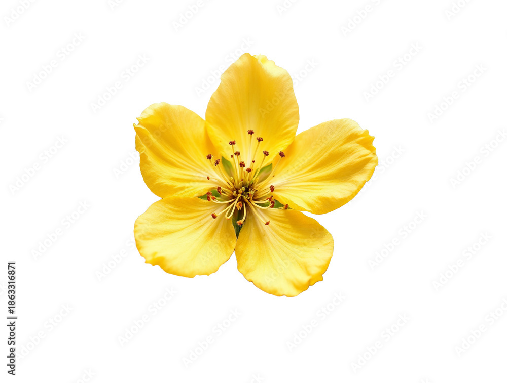 Fototapeta premium Close-up of a vibrant yellow flower with five petals and prominent stamens, beautifully isolated against a dark background.