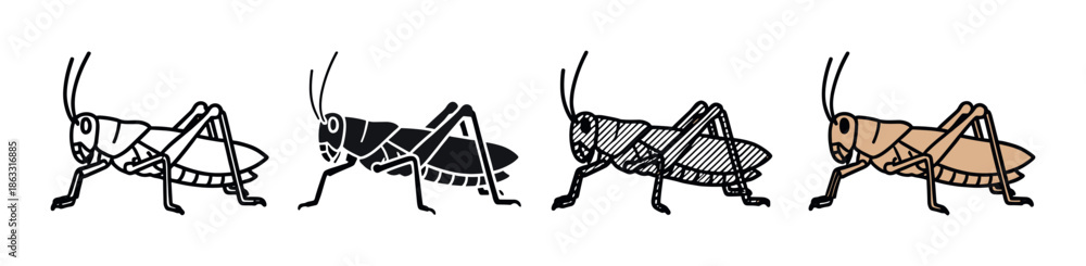 Fototapeta premium Set of four grasshopper insect illustrations in various graphic styles including simple line art, a solid black silhouette, a hatched sketch, and a flat color version