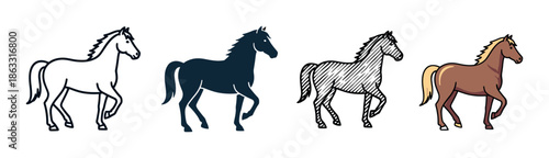 Set of four horse illustrations in different artistic styles including simple outline, solid silhouette, hatched sketch, and full color cartoon, showing the animal in a walking pose