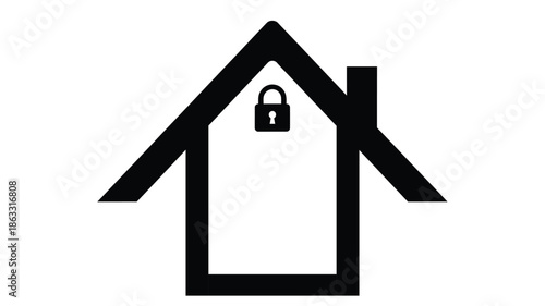 A simple black and white illustration of a house shape with a lock inside