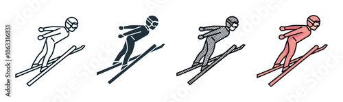 Set of four ski jumper icons showing an athlete in mid-air flight, rendered in various graphic styles including outline, silhouette, hatched, and colored illustrations