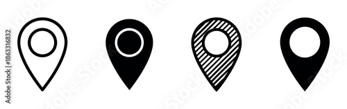 Set of four black location pin icons in various minimalist graphic styles, including outline, solid, and striped, representing navigation, mapping, and destination concepts