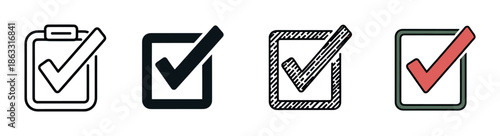 Set of four check mark icons showing different design styles including line art, solid black, hand-drawn sketch, and color fill for user interface design concepts