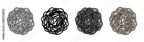 Set of four abstract tangled scribble icons illustrating concepts of chaos, confusion, and complex problem-solving in a minimalist hand-drawn graphic vector style