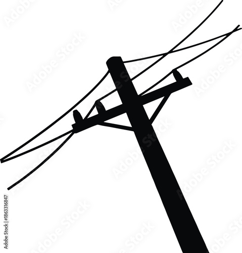Electric utility power pole vector illustration with angled overhead transmission wires isolated on white background minimal industrial electricity infrastructure