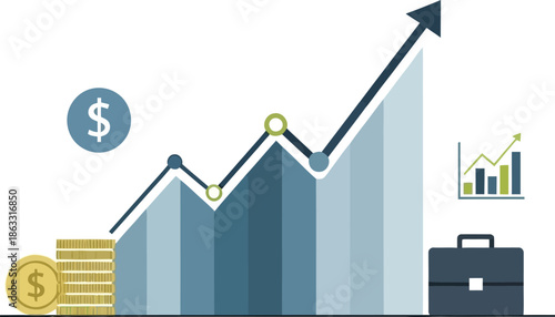 Financial growth chart with upward trend, dollar sign, coins, and briefcase representing business success and investment.