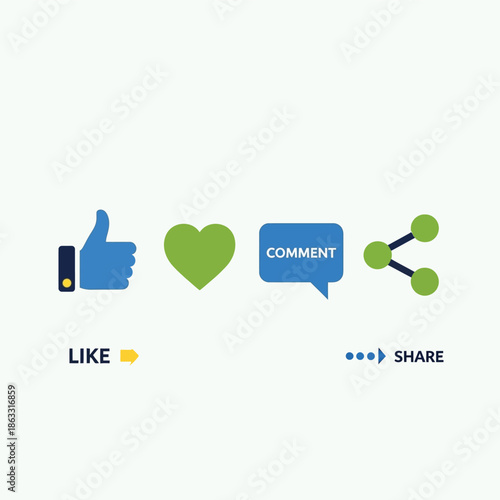 A row of social media engagement icons including like, heart, comment, and share symbols on a clean white background.