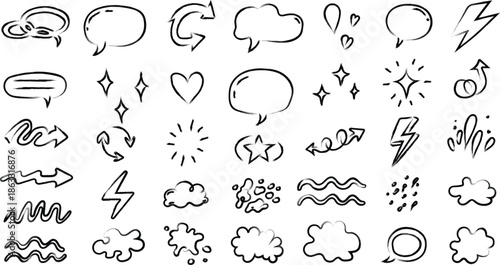Collection of hand drawn speech bubbles icons and symbols