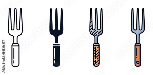 Four fork icons showing various illustration styles from simple black outline and solid glyph to detailed colored and textured versions for web or app design