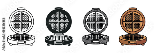 Set of four waffle maker illustrations in various graphic styles including line art, silhouette, sketch, and color, showcasing the open kitchen appliance for making breakfast